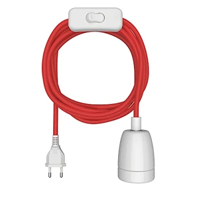 Immagine di ledscom.de cavo tessile LEHA II, spina, interruttore, rosso, bianco, 3 m, presa in porcellana, 1x E27 max. 300W, cavo, lampada, E27, corda, lampada a sospensione,