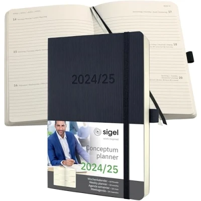 Immagine di SIGEL C2506 Conceptum Agenda settimanale 2024/2025, circa A5, nero, copertina flessibile, 2 pagine = 1 settimana, 256
