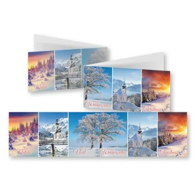 Immagine di Edition Colibri 10 cartoline di Natale panoramiche XL: paesaggi con busta, biglietti senza testo, classici, nostalgici, chiesa, neve, albero, sole, multilingue (11161)