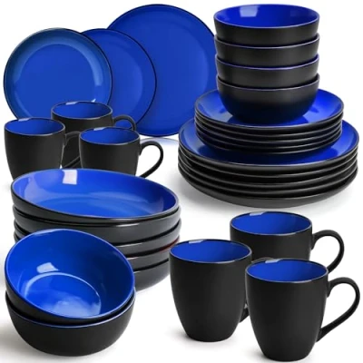 Immagine di MIAMIO Servizio di Piatti da 30 Pezzi per 6 Persone/Set Stoviglie in Gres Inclusi Piatti, Ciotole e Tazze Adatti Microonde Lavastoviglie Collezione Le Papillon (Blu)