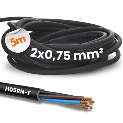Immagine di Kalitec H05RN F cavo in gomma 2 x 0,75 mm², senza conduttore di protezione per esterni, elettrico nero, flessibile, resistente ai raggi UV e all&#039;olio, collegamento, a