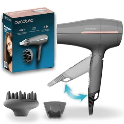 Immagine di Cecotec Asciugacapelli da Viaggio IoniCare Power e Go Heaven Grey, 2000W, 2 Temperature, Velocità, Funzione Aria Fredda, Bocchetta Concentratore Diffusore, Anello per Appendere
