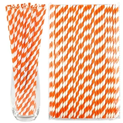 Immagine di Cannucce di carta extra lunghe da 26,0 cm 100 pezzi, diametro 0,6 cm, strisce arancioni/bianche alte biodegradabili