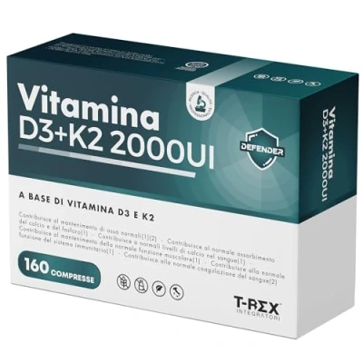 Immagine di Vitamina D3 2000 UI + K2 160 compresse ad Alto Dosaggio per Articolazioni, Ossa, Denti, Muscoli, Sistema Immunitario ed Assorbimento del Calcio e Fosforo (160 Unità (Confezione da 1))