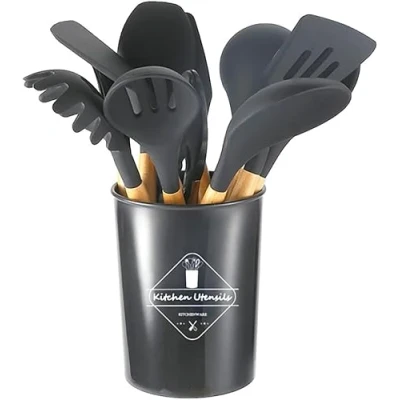 Immagine di MF artSHOP Mestoli Da Cucina in Silicone, Set 12 Pezzi, Utensili Per Cucinare, Antiaderenti, Manico Legno Appendibili Resistenti al Calore (Nero)