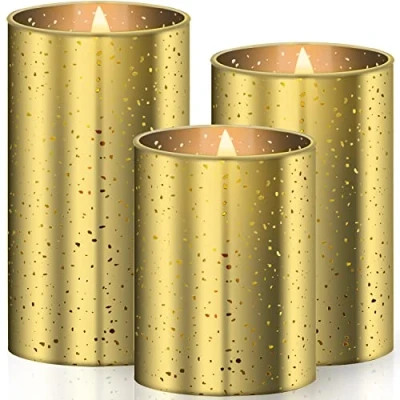 Immagine di KESSER® Set di 3 candele a LED senza fiamma, con timer, dimmerabile, in vera cera, 10 cm, 12,5 15 realistiche tremolanti, luce LED, fiamma colore oro