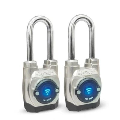 Immagine di eGeeTouch Lucchetto intelligente per esterni di quinta generazione, confezione da 2, gancio lungo), serratura Bluetooth e NFC, sicurezza resistente alle intemperie cancelli, capannoni