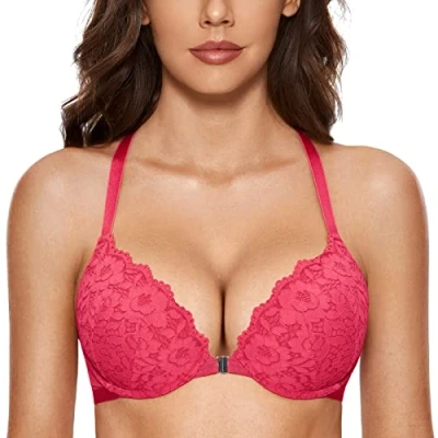 Immagine di DOBREVA Donna Reggiseno Push Up Apertura Frontale Pizzo con Ferretto Imbottito Scollatura Profonda Rosa Brillante 5C