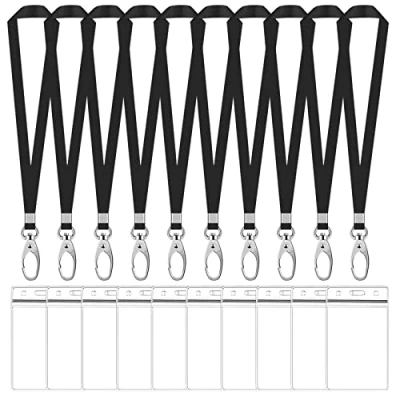 Immagine di 10 Sets Porta Badge da Collo, Impermeabile Trasparente ID Carte e Nylon Cordino con Gancio Girevole, Titolari di Cordini per Esposizione Ufficio Scuola (Nero, Verticale)