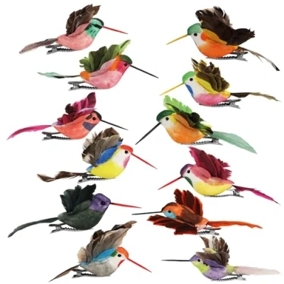 Immagine di com four® 12x Colibrì Decorativi Uccelli di Fiori Artificiali con Disegni Colorati Piccoli Piume e Clip in Metallo Uccello Decorativo (12 Pezzi Colibrì)