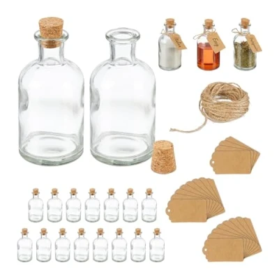 Immagine di Relaxdays Set 20 Bottigliette in Vetro per Bomboniere, Bottiglie da 125 ml, Barattolini con Tappo, Trasparente Marrone, Sughero