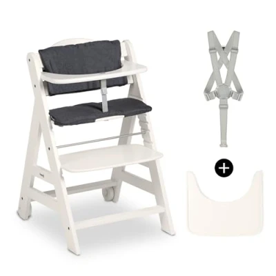 Immagine di hauck Seggiolone Pappa in Legno Beta+ Cert.FSC®, Con Cuscino, Cintura a 5 Punti, Vassoio e Ruote Dai 6 mesi fino 90 kg Bianco Crema