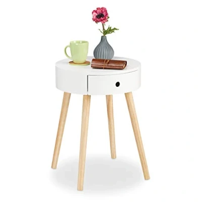 Immagine di Relaxdays Tavolino Rotondo, Cassetto, Design Scandinavo, da Salotto o Comodino Camera, HxØ: 52 x 40 cm, Legno, Bianco