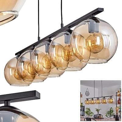 Immagine di lampada a sospensione Koyoto, in metallo/vetro nero/ambra, con paralumi vetro (Ø 20 cm), altezza massima 116,5 cm, 5 x E27, senza lampadine/e