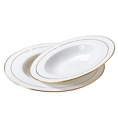 Immagine di Set Piatti In Porcellana New Bone China Bianca, Rotonda Cena Piatto,Ciotola Ceramica,Piatto Da Dessert,Piatto Piano Bianco Con Bordo Oro,Piatto Fondo,Adatto for Pasta, Risotti, Zuppe,2 Pezzi Piatto