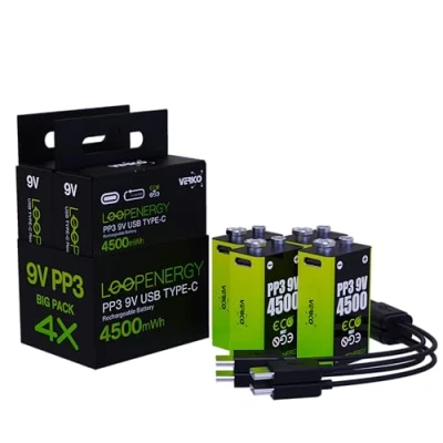 Immagine di VERICO LoopEnergy Confezione da 4 blocchi 9 V, PP3, 4500 mWh, batterie ricaricabili USB C agli ioni di litio, 2 cavi ricarica tipo a tipi