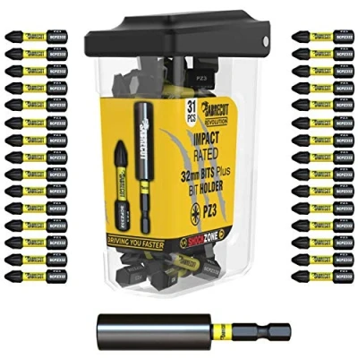 Immagine di 31 x SabreCut SCRPZ33231B 32 mm PZ3 e 60 Impact Bit Holder Set di punte per cacciavite a impatto magnetico Single Ended Pozi Pozidriv compatibili con Dewalt Milwaukee Bosch Makita altri