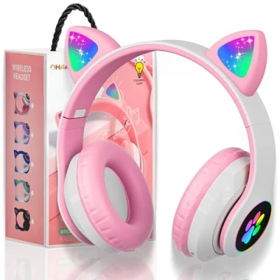 Immagine di Cuffie per Bambini Wireless con luce LED, Bluetooth Ragazze Orecchie di Gatto Pieghevoli sull&#039;orecchio microfono, Micro SD, Regalo Natale/Compleanno (Rosa)