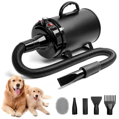Immagine di Blanlody Asciugacapelli per Cani Blower Molto Silenzioso, 5,2 CV/3800 W, velocità Regolabile, Ventilatore la Cura del Cane con 4 Diversi ugelli, Tubo Elastico e Spazzola (Nero)