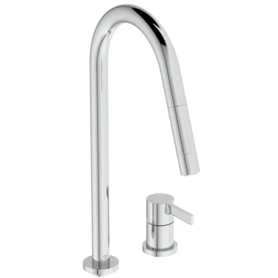 Immagine di Ideal Standard Gusto, Miscelatore monocomando per lavello da cucina a due fori, Bocca alta tubolare con doccetta orientabile ed estraibile funzioni, Cromato