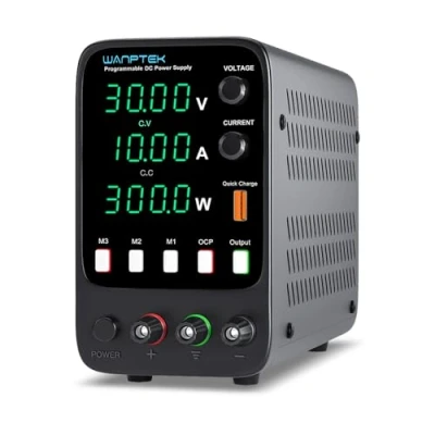 Immagine di WANPTEK POWER Alimentatore da Banco 30V 10A, Laboratorio con 3 memorie, Regolabile Protezione OCP/Uscita/Ricarica Rapida USB/Luminosità