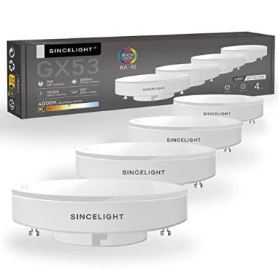 Immagine di SINCELIGHT GX53 Lampadine LED, 7W Riflettore lattiginoso a forma di disco, 60W equivalenti, RA≈92, Bianco Neutro 4000K, Retrofit per mobili da cucina, vetrinette, illuminazione sottopensile, 4 Unità