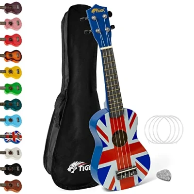 Immagine di TIGER UKE10 UK Ukulele soprano per principianti. Include: Una borsa da concerto, un plettro in feltro, kit corde di ricambio Aquila il modello 2021 Union Jack