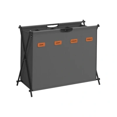 Immagine di SONGMICS Cesto Portabiancheria, Porta Biancheria Sporca da 155 L, 4 Scomparti, Struttura Pieghevole a X, con Etichette, per Lavanderia Bagno Camera Letto, Grigio Ardesia LCB140G01