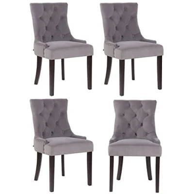 Immagine di CLP Set 4 Poltrone Pranzo Aberdeen Stile Chesterfield In Velluto E Legno Caucciù, Colore:grigio, Colore del telaio:antico