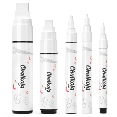 Immagine di White Chalk Pens Variety Confezione da 5 pennarelli con pennini. Utilizzato su lavagna, Windows, caffè. Penna cancellabile Wet Wipe a base d&#039;acqua