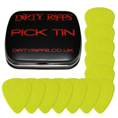 Immagine di Dunlop Riffs, 12 plettri per chitarra, 0,46 mm, in pratica scatola di latta, colore: giallo