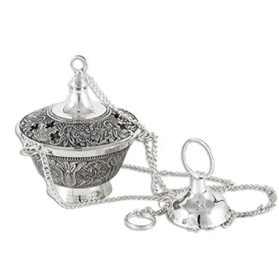 Immagine di NKLaus bruciatore d&#039;incenso in ottone antico placcato argento con catena lunga 20cm carboncino 2222