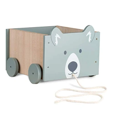 Immagine di Navaris Cesta Portagiochi Bambini con Ruote Contenitore Porta Giocattoli in Legno MDF Toys Box Rettangolare Giochi Bimbi 5,76l Design Orso Blu