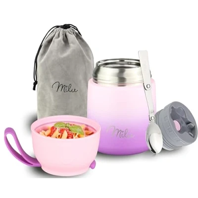 Immagine di Milu Thermo per Alimenti 450 ml Contenitore Termico di Acciaio Inossidabile, Isotermico Sottovuoto Cibi Caldi e Freddi (Rosa Violetto, 450ml)
