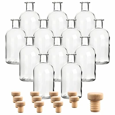 Immagine di gouveo Set 12 Bottiglie in Vetro da 250 ml Farmacista con Tappo Sughero Bottiglia Rotonda Riempire Vuota per Liquore, Olio, Aceto (AFRT250HGK)