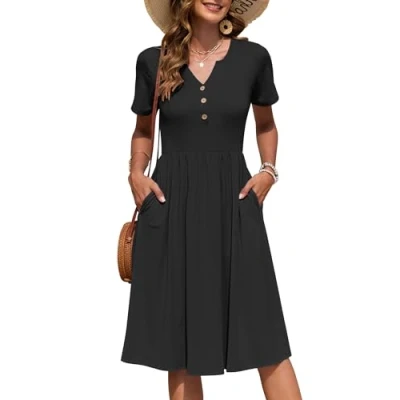 Immagine di AUSELILY Vestito Estivo a Maniche Corte da Donna Abito Casual Scollo V al Ginocchiocon Bottoni con Tasche Nero XL