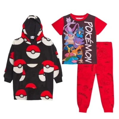 Immagine di pigiama da bambino Pokemon 3 pezzi + felpa con cappuccio oversize set biancheria notte in pile indossabile coperta e abbinato, Multi, 13 anni