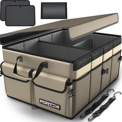 Immagine di FORTEM Organizer Bagagliaio Auto, Auto e SUV Multi Scomparto Pieghevole, Bagagliaio, Fondo Antiscivolo, Cinghie Regolabili, Coperchio Pieghevole (Abbronzatura, Standard)