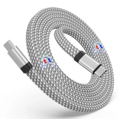 Immagine di Magtame cavo USB C magnetico da a 60 W (3 A), 1,5 m, spirale C, piatto in nylon intrecciato di tipo compatibile con dispositivo per pad Samsung, argento