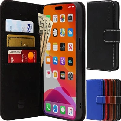 Immagine di Snugg Custodia a portafoglio per iPhone 15 Pro Max pieghevole con 3 scomparti schede, chiusura magnetica e funzione di supporto telefono, in pelle, TPU nabuk
