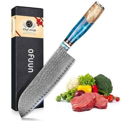 Immagine di oFuun Coltelli da Cucina Professionali Coltello Santoku Giapponese in Acciaio Damasco 67 Strati Chef Professionale Lama 17,5 cm