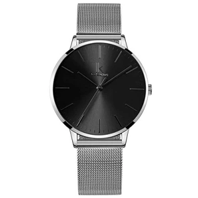 Immagine di Alienwork Orologio Donna Argento Cinturino in Maglia Metallo Nero Ultra Sottile