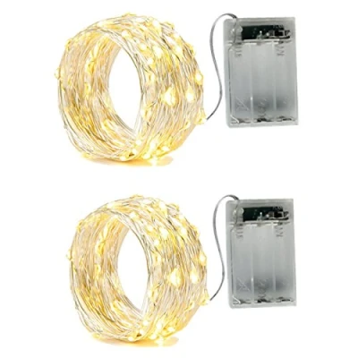 Immagine di BXROIU 2 x 50 LEDs Stringa Luci a Batteria,Filo d&#039;Argento 5 metri Ghirlanda,2 Modalità di Catena Luminosa per Feste, Matrimoni, Giardino e Decorazione Natalizia.(5 Mètres, Bianco Caldo)