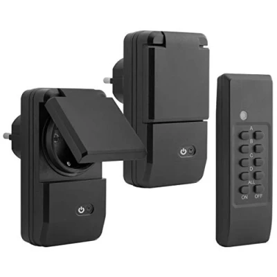 Immagine di mumbi 24279 Set di Prese radiocomandate esterne (a prova spruzzi, IP44), presa 2x radiocomandata 1x telecomando, 1100 Watt, nero