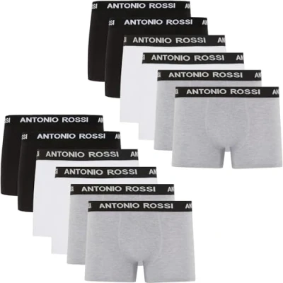 Immagine di ANTONIO ROSSI (confezione da 12) Boxer aderenti uomo multipack con elastico in vita traspiranti e morbidi indossare ogni giorno, Nero, Grigio, Bianco, XL