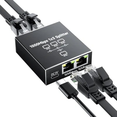 Immagine di GlasFlength splitter LAN da 1 a 3 Ethernet 1000 Mbps, switch 4 porte con cavo di alimentazione tipo C, Gigabit Ethernet, per computer hub, router
