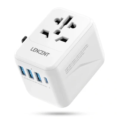Immagine di LENCENT Adattatore Universale da Viaggio, Spina USA EU UK AUS, Caricatore Internazionale con 3 USB e 1 C per Cellulari Laptop, Tutto in Uno Oltre 200 Paesi Bianco