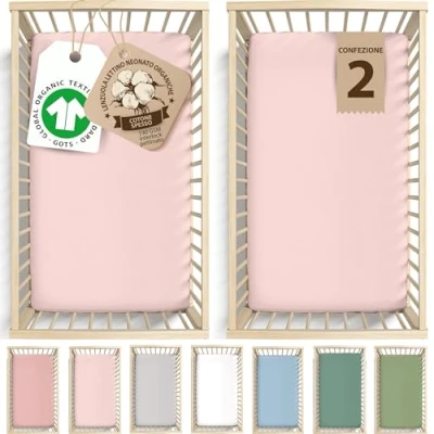 Immagine di Bunnyjik Lenzuolo con angoli elasticizzati biologico certificato GOTS, 95 x 65 cm, per lettino da viaggio, set 2, doppio spessore, ultra morbido, adatto letto viaggio cm