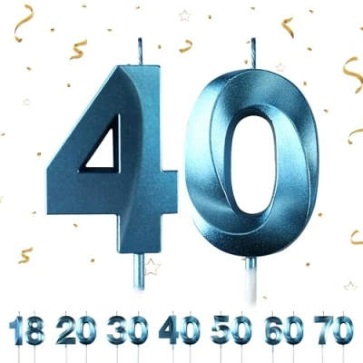 Immagine di candele di compleanno numeri, per torte, 3D, a forma diamante, numero 18,20,30,40,50,60,70 decorazione torte (Bleu 40)
