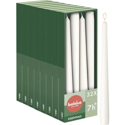 Immagine di Bolsius Candele a punta liscia Bianco 32 pezzi in cartone decorative per la casa Durata 7 ore Non profumate Contiene guardia naturale delle piante Senza olio di palma 24,5 cm